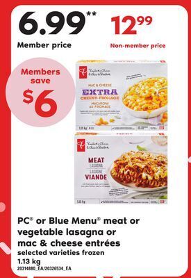 Zehrs Markets Pc® or blue menu® meat or vegetable lasagna or mac & cheese entrées, 1.13 kg offer