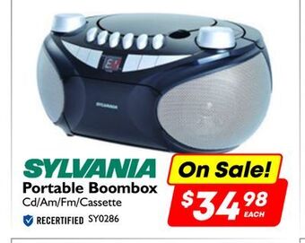 Sylvania portable boombox cd/am/fm/cassette