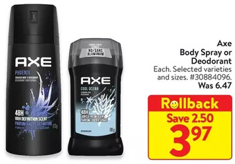 Walmart Axe body spray or deodorant offer
