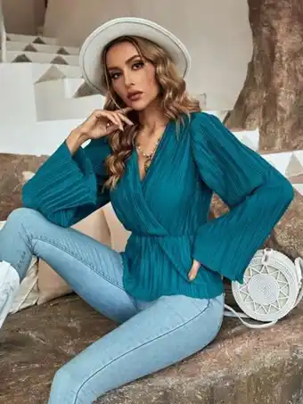SheIn Surplice neck pleated detail bell sleeve peplum blouse offer
