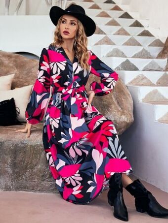 SheIn Plants print lantern sleeve belted dress offer