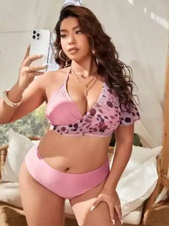 SheIn 3pack plus leopard halter bikini swimsuit & cover up top offer