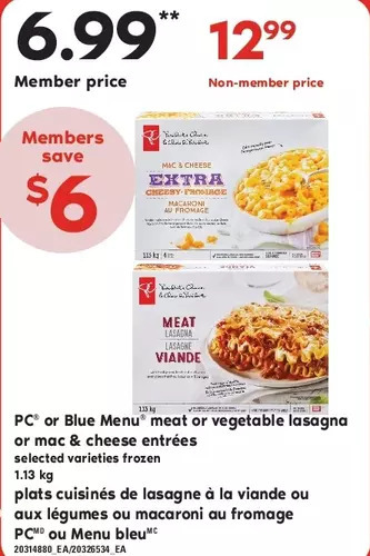 Independent Grocer Pc or blue menu meat or vegetable lasagna or mac & cheese entrées offer
