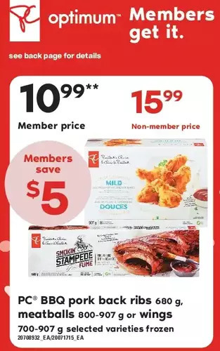 Loblaws Pc bbq pork back ribs, meatballs or wings offer