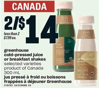 Independent Grocer Greenhouse cold-pressed juice or breakfast shakes offer