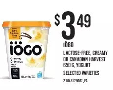 Loblaws Iögo lactose-free, creamy or canadian harvest yogurt offer