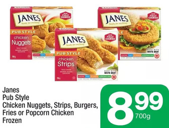 Highland Farms Janes pub style chicken nuggets, strips, burgers, fries or popcorn chicken offer