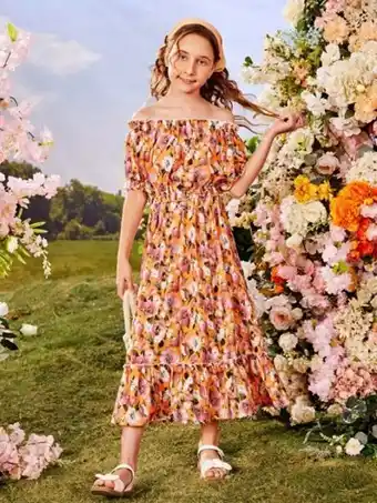 SheIn Shein girls floral print off shoulder top & frill trim skirt offer