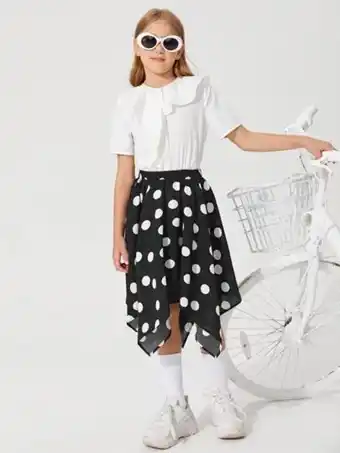 SheIn Shein girls exaggerated ruffle neck top & polka dot skirt set offer