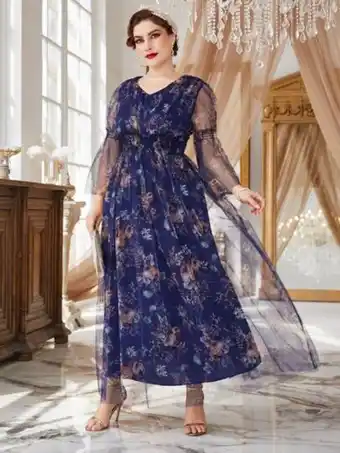 SheIn Plus random floral print shirred waist trumpet sleeve mesh dress offer