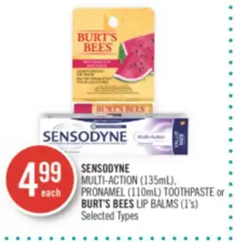 Shoppers Drug Mart Sensodyne multi-action (135ml), pronamel (110ml) toothpaste or burt's bees lip balms (1's) offer