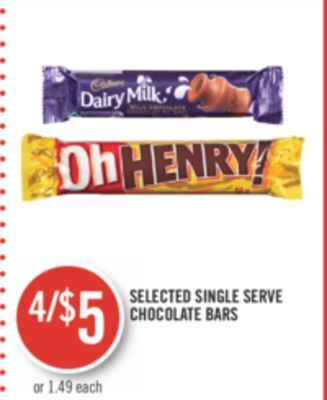 Shoppers Drug Mart Selected single serve chocolate bars offer