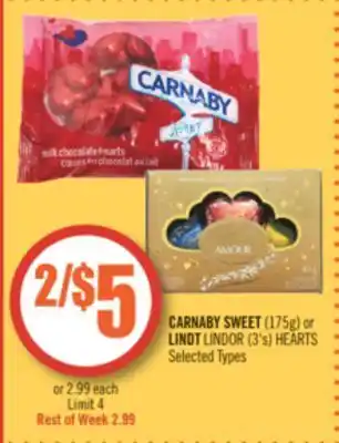Shoppers Drug Mart Carnaby sweet (175g) or lindt lindor (3's) hearts offer