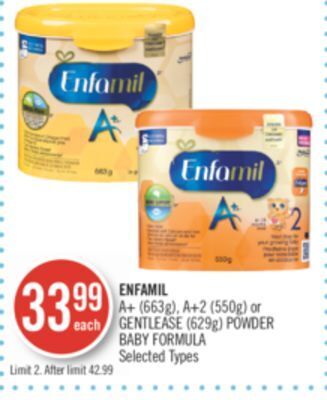 Shoppers Drug Mart Enfamil a+ (663g), a+2 (550g) or gentlease (629g) powder baby formula offer