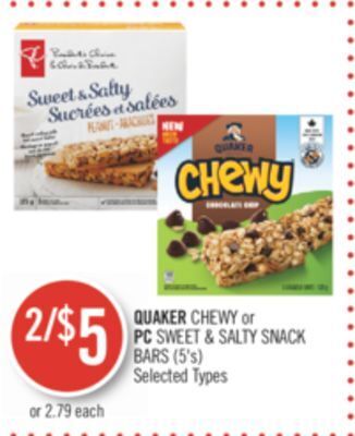 Shoppers Drug Mart Quaker chewy or pc sweet & salty snack bars offer