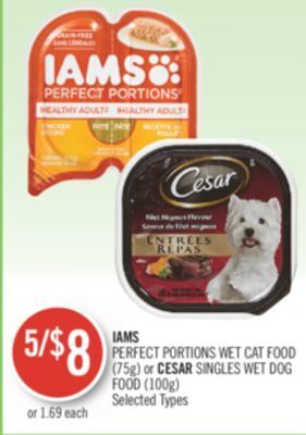 Shoppers Drug Mart Iams perfect portions wet cat food (75g) or cesar singles wet dog food (100g) offer