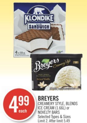 Shoppers Drug Mart Breyers creamery style, blends ice cream (1.66l) or novelty bars offer