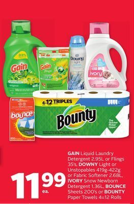 Rexall Gain liquid laundry detergent 2.95l or flings 35' s, downy light or unstopables 419g-422g or fabric softener 2.68l, ivory sno offer