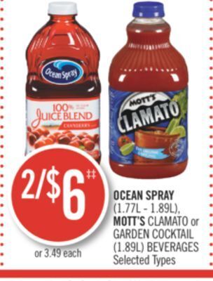 Shoppers Drug Mart Ocean spray (1.77l - 1.89l), mott's clamato or garden cocktail (1.89l) beverages offer