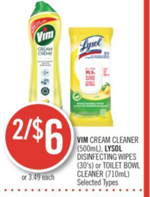 Shoppers Drug Mart Vim cream cleaner (500ml), lysol disinfecting wipes (30's) or toilet bowl cleaner (710ml) offer
