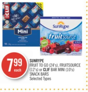 Shoppers Drug Mart Sunrype fruit to go (24's), fruitsource (12's) or clif bar mini (10's) snack bars offer