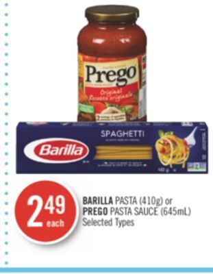 Shoppers Drug Mart Barilla pasta (410g) or prego pasta sauce (645ml) offer