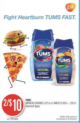 Shoppers Drug Mart Tums antacid chewies (32's) or tablets (60's - 150's) offer