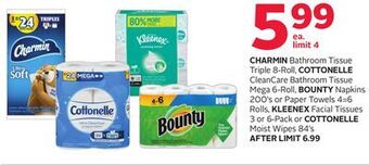 Rexall Charmin bathroom tissue triple 8-roll, cottonelle cleancare bathroom tissue mega 6-roll, bounty napkins 200' s or paper towel offer