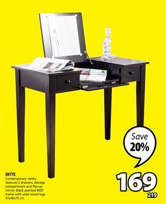 JYSK Ditte contemporary vanity features 2 drawers, storage compartment and flip-up mirror offer