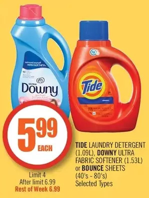 Shoppers Drug Mart Tide laundry detergent, downy ultra fabric softener or bounce sheets offer