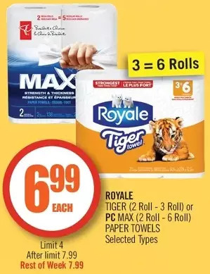 Shoppers Drug Mart Royale tiger or pc max paper towels offer