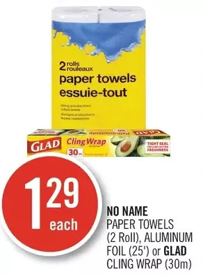 Shoppers Drug Mart No name paper towels, aluminum foil or glad cling wrap offer