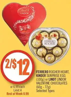 Shoppers Drug Mart Ferrero rocher heart, kinder surprise egg or lindt lindor valentine chocolates offer
