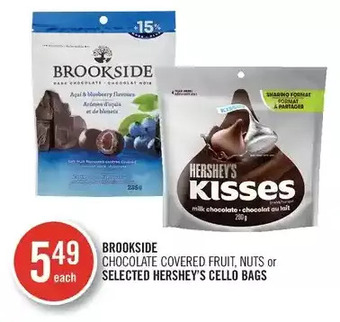 Shoppers Drug Mart Brookside chocolate covered fruit, nuts or hershey's cello bags offer