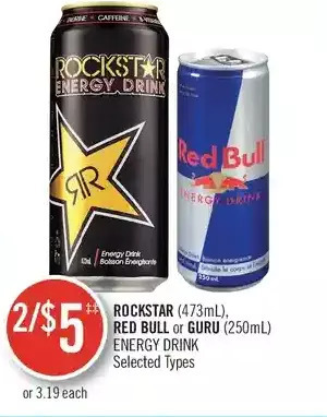 Shoppers Drug Mart Rockstar, red bull or guru energy drink offer