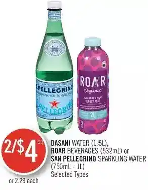 Shoppers Drug Mart Dasani water, roar beverage or san pellegrino sparkling water offer