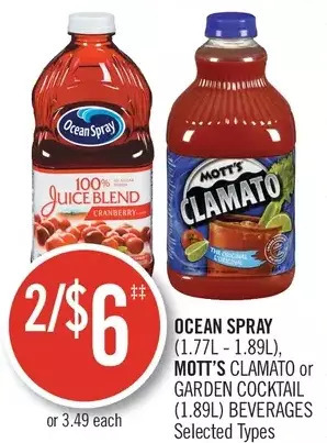 Shoppers Drug Mart Ocean spray, mott's clamato or garden cocktail beverages offer