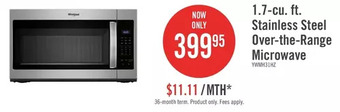 The Brick Whirlpool 1.7 cu. ft. microwave hood combination with electronic touch controls - ywmh31017hz offer