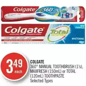 Shoppers Drug Mart Colgate 360° manual toothbrush, maxfresh or total toothpaste offer