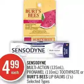 Shoppers Drug Mart Sensodyne multi-action, pronamel toothpaste or burt's bees lip balms offer