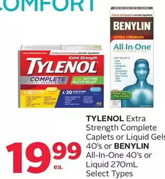 Rexall Tylenol extra strength complete caplets or liquid gels or benylin all-in-one or liquid offer