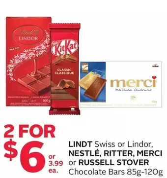 Rexall Lindt swiss or lindor, nestlé, ritter, merci or russell stover chocolate bars offer