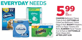 Rexall Charmin bathroom tissue triple, cottonelle cleancare bathroom tissue mega, bounty napkins or paper towels, kleenex facial tis offer