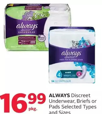 Rexall Always discreet underwear, briefs or pads offer