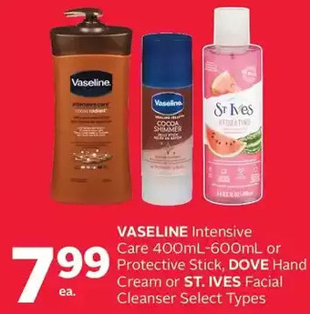 Rexall Vaseline intensive care or protective stick, dove hand cream or st. ives facial cleanser offer