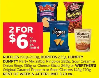 Rexall Ruffles, doritos, humpty dumpty party mix, ringolos, sour cream & onion rings or cheese sticks or werther's original caramel offer