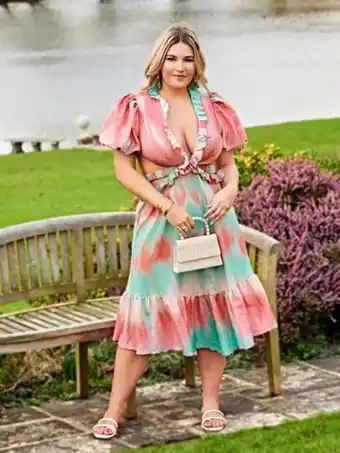 SheIn Shein vcay plus tie dye puff sleeve cut out ruffle hem dress offer
