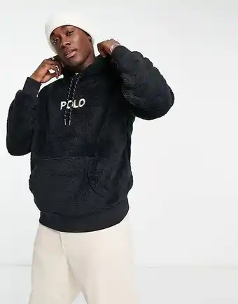 Asos Polo ralph lauren front logo borg hoodie in black offer
