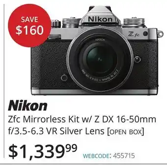 Vistek Nikon zfc mirrorless kit w/z dx 16-50mm f/3.5-6.3 vr silver lens offer