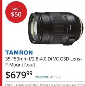 Vistek Tamron 35-150mm f/2.8-4.0 di vc osd lens– f-mount [used] offer